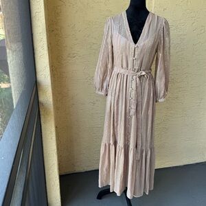Saltwater Luxe Champagne Tan Harley Midi Dress SZ S 3/4 sleeve Sequins